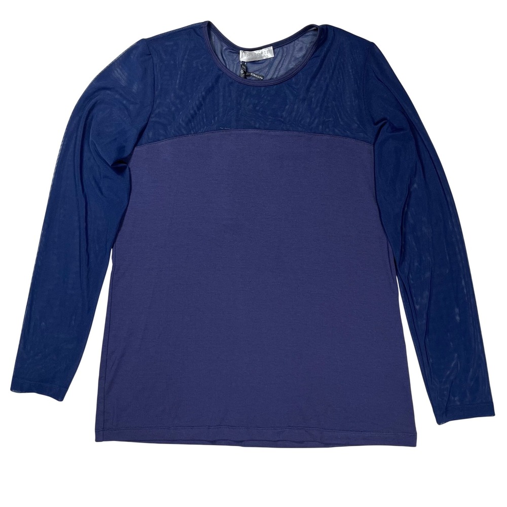 New Anatomie Budah Mesh Top Women Large Navy Blue Long Sleeve Sheer Yoke NWT